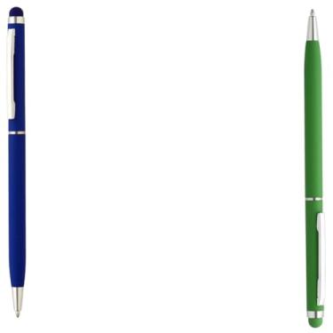 Imagem de Caneta esferográfica de metal escrita em azul, com ponta touch com corpo emborrachado Anotações modernas (Azul e Verde)