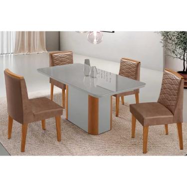 Imagem de Sala Jantar Mesa Pietá Tampo c/ Vidro Curvo 120cm+4 Cadeiras Maldivas Naturale/Off White - Corano Capuccino - Rufato