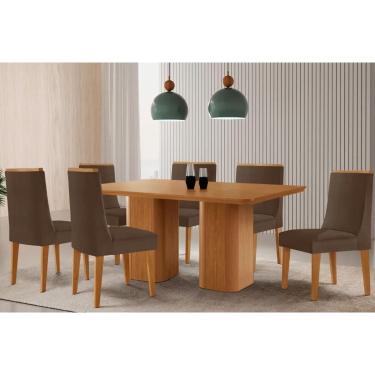Imagem de Sala Jantar Mesa Maldivas Tampo Curvo 180cm+6 Cadeiras Dakota Madeira Naturale - Capuccino/Suede Marrom - Rufato