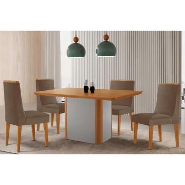 Imagem de Sala Jantar Mesa Pietá Tampo Curvo 120cm+4 Cadeiras Dakota Madeira Naturale/Off White - Capuccino/Suede Capuccino - Rufato