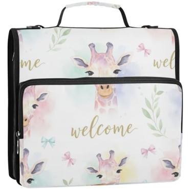 Imagem de Organizador profissional de fichário com zíper, 3 anéis, aquarela girafa, verde pastel, vários bolsos, pasta grande para fichários escolares com alça de ombro, 34,5 x 31,5 x 9 cm