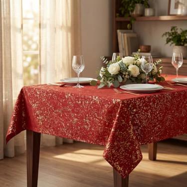 Imagem de Horaldaily Toalha de mesa quadrada de veludo vermelho 152 x 152 cm, toalha de mesa retangular lisa com lantejoulas douradas, capa de mesa de Natal para casamento, festa, banquete e eventos