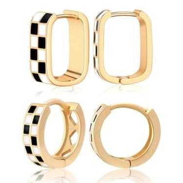 Imagem de Conjunto de brincos de argola xadrez delicados, brincos ovais esmaltados com ouro 18 quilates, brincos de argola ovais grossos, para mulheres, brincos hipoalergênicos, 18, Ouro amarelo, Sem pedra