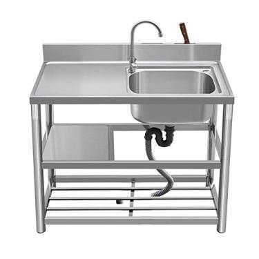 Imagem de Lava-louça de uso geral de pés, lava-louças de cozinha de restaurante comercial, tigela individual de aço inoxidável de pé, com banco de trabalho e prateleiras de armazenamento (tamanho: 80 cm, cor: )