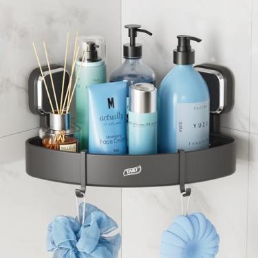Imagem de TAILI Suporte de chuveiro de canto com ganchos de ventosa, cesta de prateleira de canto de alumínio, sem perfuração à prova de ferrugem para cozinha e banheiro, suporte organizador de parede para