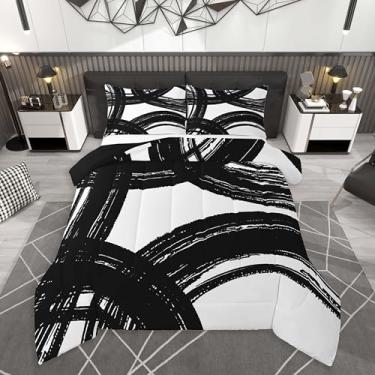 Imagem de Feelyou Conjunto de edredom listrado preto e branco para todas as estações, geométrico, moderno, com 2 fronhas, arte abstrata, microfibra, Queen, edredom respirável, macio e leve