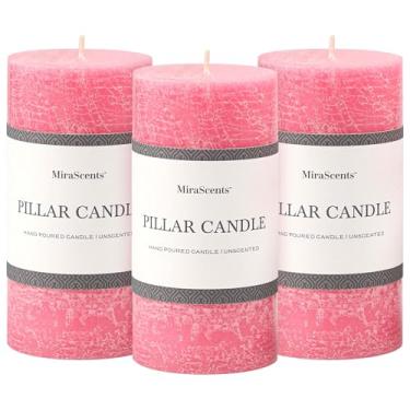 Imagem de Conjunto de 3 velas de pilar de 7 x 15 cm - velas sem cheiro derramadas à mão, queima longa e limpa, vela grande grande, sem fumaça para mesa de jantar, casa, banheiro, decoração de casamento (rosa