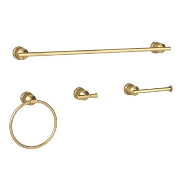 Imagem de YUMORE Conjunto de ferragens de banheiro dourado, kit de acessórios de banho montados na parede, barra de toalha de aço inoxidável, anel de toalha, suporte de papel higiênico e ganchos de roupão