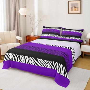Imagem de Jogo de lençol Queen com estampa de leopardo roxo, zebra abstrata de pele de animais, decoração de quarto de meninas e adultos, listras geométricas, luxuoso, romântico, conjunto de lençol 4 peças