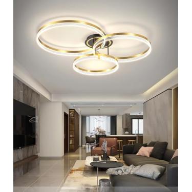 Imagem de Luminária de teto LED moderna, com intensidade regulável, para sala de estar, com controle remoto e por aplicativo. Ideal para sala de estar, quarto e cozinha. Luminária pendente (dourada, p