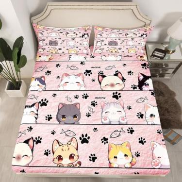 Imagem de Jogo de lençol Queen com desenho animado de animais rosa, animais de estimação, gatinho, animais de estimação, kawaii, ultramacio, respirável, 3 peças