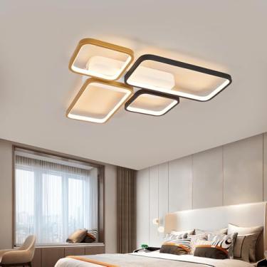 Imagem de Luminária de teto LED moderna de 60 W, dimerizável, com controle remoto, temperatura de cor de 3000 K a 6000 K, formato quadrado, em acrílico, nas cores preto e dourado, ideal para sala de e