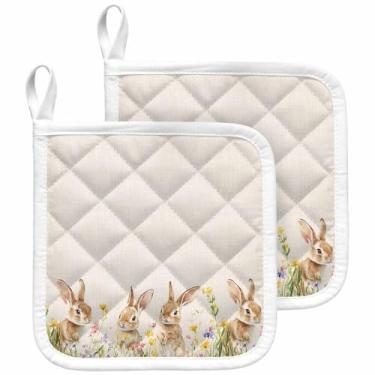 Imagem de Porta-panelas para cozinha, fazenda de Páscoa, coelhos fofos, conjunto de 2 pegadores de panela, à prova de calor, antiderrapante, suporte de panela, pano de isolamento, almofada quente com laço