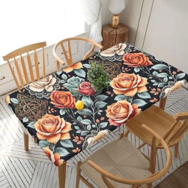 Imagem de BOXIMIAO Toalha de mesa com borda elástica rosa flor vintage retangular impermeável à prova de óleo toalha de mesa lavável reutilizável capa de mesa para jantar na cozinha, 1,8 m