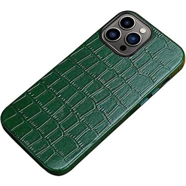 Imagem de GANYUU Capa traseira para Apple iPhone 14 Pro Max 6,7 polegadas 2022, capa de telefone de couro genuíno com padrão de crocodilo com forro de microfibra (cor: verde)