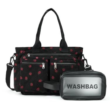 Imagem de Bolsa de veludo cotelê para mulheres, bolsas transversais, bolsa de mão com vários bolsos para viagens, trabalho, Morango - preto