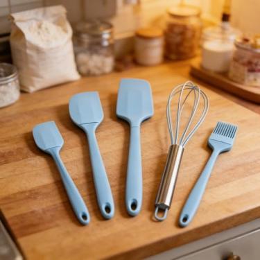 Imagem de Conjunto de 5 espátulas de silicone premium, utensílios de cozinha resistentes ao calor para assar e panelas antiaderentes (azul)