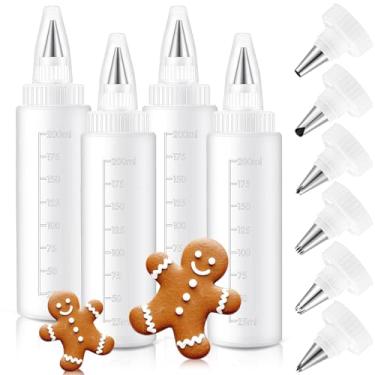 Imagem de LemonRoad 4 garrafas de confeitar para decoração de biscoitos de confeiteiro, garrafas de plástico com 6 pontas de tubulação diferentes para kit de cobertura de biscoitos, aplicador de espremer