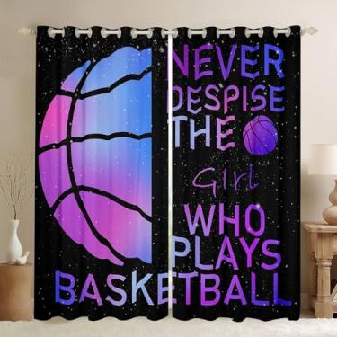 Imagem de Erosebridal Cortina de basquete 96,5 cm L x 114 cm C Cortina de janela esportiva com bola de céu estrelado sonhador tratamentos de janela roxo preto jogos de basquete cortinas e cortinas para meninas