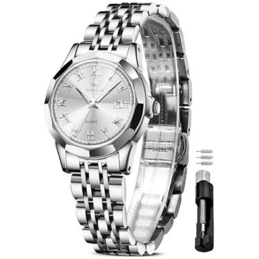 Imagem de OLEVS Relógio feminino de luxo, à prova d'água, prata, analógico, quartzo, aço inoxidável, relógios de pulso casuais para mulheres, rosto pequeno, com data para mulheres, Prata - L9990, round