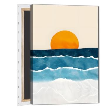 Imagem de Arte de parede abstrata boho sol nascer do sol pôr do sol tela meados do século impressões abstratas modernas boho sol minimalista arte de parede azul branco ondas do oceano pôster moderno nascer e