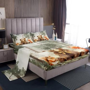 Imagem de Erosebridal Jogo de lençol solteiro com estampa de animais selvagens, animais selvagens, raposa e esquilo, estampa em aquarela, lençol com elástico kawaii