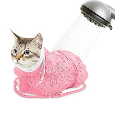Imagem de Catcan Bolsa de banho de malha respirável - Cuidados ajustáveis antiarranhões para aparar unhas, banho - Lavagem macia de poliéster para gatos (branco-rosa)