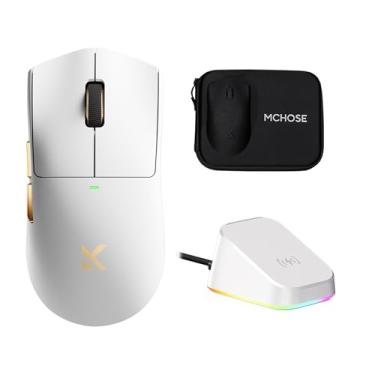 Imagem de MCHOSE Mouse para jogos K7 Ultra, leve de 59 g, bateria de 500 mAh, sensor PAW3950 42K, 2,4G/BT/com fio, taxa de pesquisa de 8K (branco)
