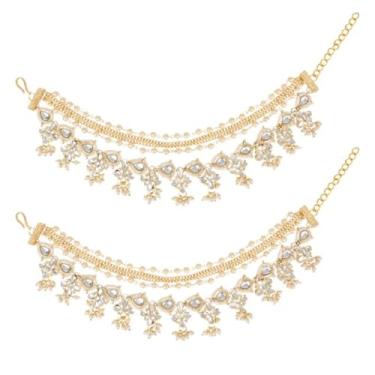 Imagem de I Jewels Corrente de orelha com contas de pérolas em camadas de Bollywood para casamento indiano banhado a ouro com enfeites de pedra para mulheres (E3186W)