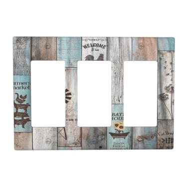 Imagem de Yamxbfa Vintage Farmhouse Capa decorativa de madeira rústica para porta de celeiro ocidental com três interruptores de luz decorativa Gfci placa elétrica de parede para decoração de banheiro