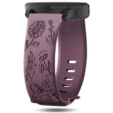 Imagem de Inhosper Pulseiras com gravação floral de 20 mm compatíveis com Garmin Vivoactive 6/5/3/Venu/Venu Sq/Venu 2 Plus/Forerunner 165/55/245/645, pulseira de relógio de silicone macio, estampa floral