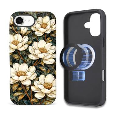 Imagem de ZHEGAILIAN Capa compatível com iPhone 16E, capa de telefone com design vintage de flores de vidro colorido, [compatível com MagSafe], capa rígida híbrida de 2 camadas para meninas meninos mulheres