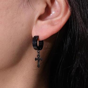 Imagem de Brincos de aço de titânio não perfurados com clipe de argola em cruz para homens e mulheres, 4*1.3cm, Titânio, Sem pedra preciosa