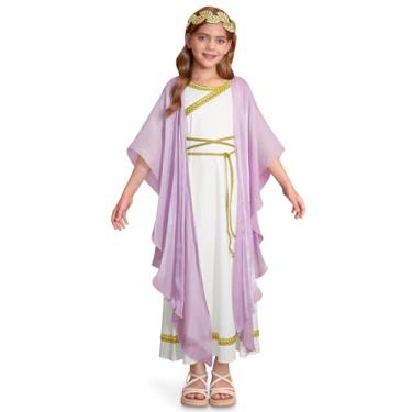 Imagem de BesserBay Vestido grego de Halloween Toga elegante Goddes para meninas de 4 a 12 anos, Branco e roxo, 10 Anos