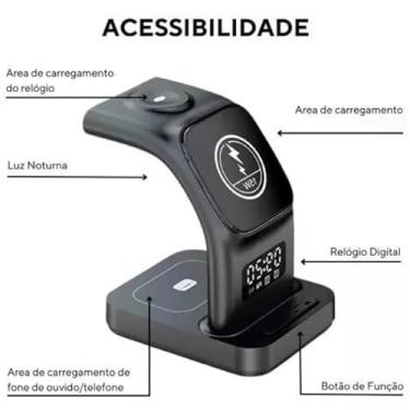 Imagem de Base de Carregamento Carregador Mag-Safe 5 em 1, Carregador Indução sem Fio com Luz Noturna, Compatível com iPhone, Apple Watch e AirPods, Preto