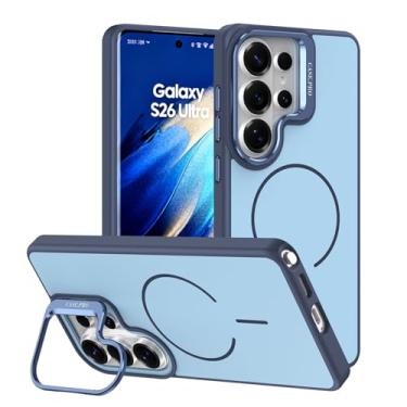 Imagem de POYUFRG Capa magnética para Samsung Galaxy S26 Ultra/S26 Plus/S26, capa antidigitais fosca fina com proteção de lente de metal, capa de suporte, azul, S26 Plus