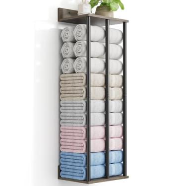 Imagem de Toalheiro para banheiro montado na parede com prateleira de armazenamento de madeira, suporte de toalha de metal atualizado de 3 barras para toalhas enroladas, resistente e de grande capacidade