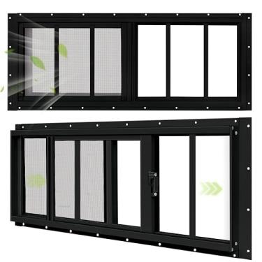 Imagem de BOBIBAN Pacote com 2 janelas de galpão, janela deslizante preta de 30,5 cm x 89 cm adequada para galinheiro, galpão, casa, celeiro - janela de popa com vidro temperado e tela de fibra de vidro (BK