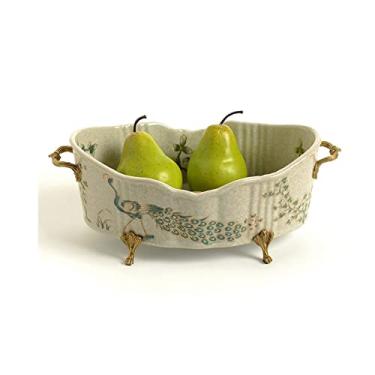 Imagem de Pratos de frutas decoração tigela de frutas chinês retrô pintado prato de frutas de cerâmica sala de estar restaurante decoração de mesa grande prato de frutas cobre alça de orelha dupla tigela de