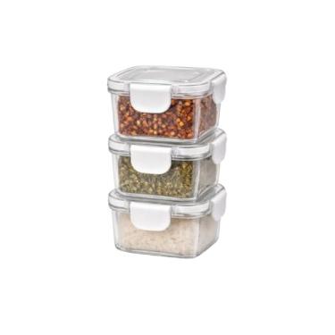 Imagem de Kit 3 Mini Potes Herméticos Quadrado Plástico Transparente 60ml 6,7x5,7x4,4cm Tampa c/Trava de Segurança, Organizador de Alimentos, Porta Mantimentos Empilháveis, Reutilizáveis e Atóxico Livre BPA