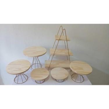 Imagem de Kit Boleira Festa com Prateleira Decorativa Escadinha – Kit Decoração Mesa com 5 Boleiras em Madeira Pinus para Festa Aniversário e Casamento(DOURADO)