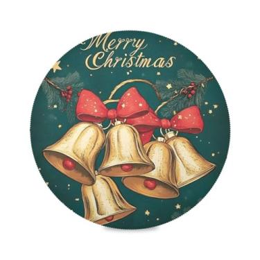 Imagem de STAYTOP Sinos dourados de Natal com laços vermelhos jogo americano redondo 6 peças, tapetes de mesa antiderrapantes fáceis de limpar para decoração de mesa de festa e churrasco em casa