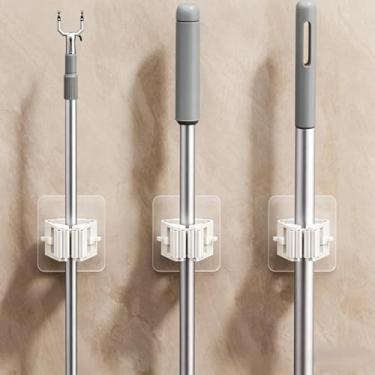 Imagem de Suporte de esfregão multiuso de 2 peças – suporte de parede sem perfuração para banheiro, garagem e armazenamento de vassoura-branco