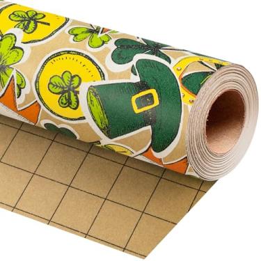 Imagem de Homeral Papel de embrulho Kraft St. Patrick's - Mini rolo - 43 cm x 80 metros - Trevo da sorte, ferradura dourada, chapéus verdes e bandeiras para presente para o Dia de São Patrício