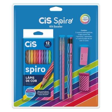 Imagem de Kit Escolar CIS Spiro 7 peças - 2 canetas esferográficas, 2 lápis pretos HB, 1 borracha, 1 apontador e 1 caixa de lápis de cor 12 cores, Rosa