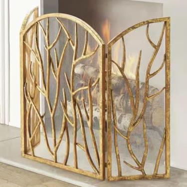 Imagem de Tela decorativa de lareira de 3 painéis dourados/preto - design de árvore de metal, proteção contra incêndio dobrável para proteção contra faíscas, capa arqueada autônoma, decoração de casa elegante