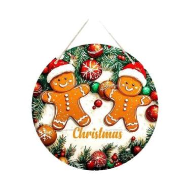 Imagem de Placa De Madeira Feliz Natal 2D Com Gnomo E Boneco De Neve Para Pendur