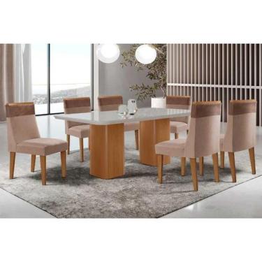 Imagem de Sala Jantar Mesa Maldivas Tampo c/ Vidro Curvo 180cm+6 Cadeiras Jaspe 