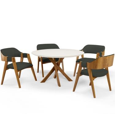 Imagem de Mesa De Jantar Redonda Cora 120cm Off White M04 com 04 Cadeiras Living Suran Linho Verde Musgo - Lyam