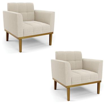 Imagem de Poltrona Sala Base Madeira Fixa Castanho Kit 2 Elisa Bouclê Bege D03 - D'rossi